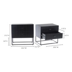 an image of two side tables with drawers on each side and measurements for each drawer