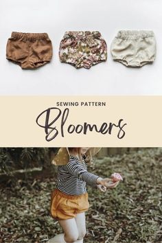 the sewing pattern for bloomers is shown in three different colors