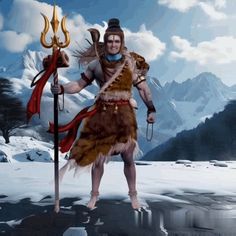 a digital painting of a man holding a spear and standing in the snow