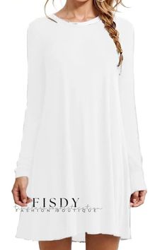 Fisdy - Elegant Solid-Colored Long-Sleeved Maxi Dress Womens Beach Dresses, Round Neck Casual Dress, Boho Beach Dress, Casual Chique, Female Shorts, Estilo Boho Chic, Women Long Sleeve Dress, Mini Robes, Crewneck Dress