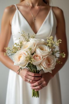 a woman in a white dress holding a bouquet of flowers