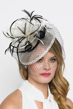 This beautiful two-tone fascinator will turn heads! Its round base is embellished with soft french netting and ribbon around the hair accessory's centerpiece. Black Birdcage Veils, Ivory Fascinator, Derby Outfits, Derby Fascinator, Colorful Hat, Black Fascinator, Hat Headband, Birdcage Veil, Elegant Hats