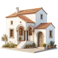 a small white house with red tiled roof and brown tile on the front door, windows, and steps