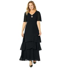 Catherines Women's Plus Size Tiered Chiffon Maxi Dress .Soft asymmetrical tiers of elegant chiffon give this maxi a little extra drama and excitement. The soft V-neckline has a flirty keyhole with rhinestone trim. Soft sheer sleeves echo the fluttery beauty of the tiered skirt. FABRIC: Soft, smooth and floaty chiffon. Lightweight and cool to the touch. Opaque body with sheer accents to create texture and movement. FIT: A relaxed and feminine A-line silhouette with full tiered skirt. Soft V-neckl Luxury Black Chiffon Maxi Dress, Black Floor-length Chiffon Dress, Black A-line Chiffon Maxi Dress, Fall Long Sleeve Shirts, Black Chiffon Midi Dress With V-neck, Black Flowy Maxi-length Kaftan, Plus Size Long Dresses, Floral Print Dress Long, Midi Dress Plus Size