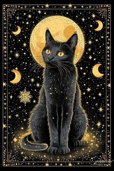 a black cat sitting in front of a full moon