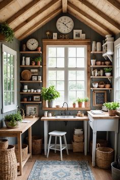 a kitchen with wooden walls and shelves filled with plants