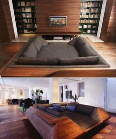 two pictures of a living room with couches and bookshelves on the wall