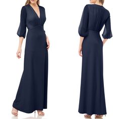 Nwt Js Collections Navy Blue Chiffon V Neck Long Sleeve Crepe Maxi Gown Us 2 Settle For Nothing Less Than Easy Elegance In This V-Neck Crepe Gown Styled With Sheer Chiffon Sleeves, A High-Set, Piped Waistline And Side-Seam Pockets. 60" Length Hidden Back-Zip Closure V-Neck Long Sleeves With Elastic Cuffs Side-Seam Pockets Floor-Length Ball Skirt New With Tags. Tags: Formal, Wedding, Wedding Guest, Mother Of The Bride, Bridesmaid, Navy, Blue, Three Quarter Sleeves, V Neck, Empire Waist, Gala, Fan Blue Flowy Empire Waist Maxi Dress, Flowy Blue Maxi Dress With Empire Waist, Blue Flowy Maxi Dress With Empire Waist, Elegant Flowy Blue Evening Dress, Elegant Flowy Blue Gown, Elegant Blue Flowy Evening Dress, Elegant Blue Flowy Gown, Blue Flowy Elegant Gown, Blue Chiffon Maxi Dress For Gala