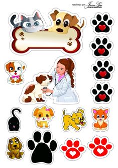 stickers with dogs and cats on them, including a woman holding a dog's paw