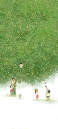 children are playing in the grass under a large tree with birds flying overhead and on top of them