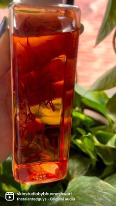 a person holding up a glass container filled with liquid and plants in the back ground