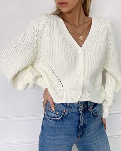 F00232225-105 College Sweater, Cardigan Casual, Gilet Long, Women Sweaters Winter, Winter Pullover, Stylish Sweaters, Cardigan Top, Women Sleeve, White Sweater