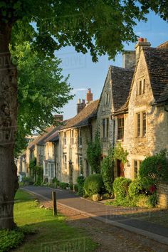 a street lined with stone houses and trees