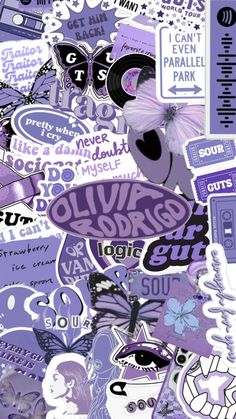 many different stickers and decals on a purple background with white flowers, butterflies, and words