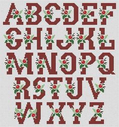 a cross stitch alphabet with flowers and leaves on the upper letter is shown in red