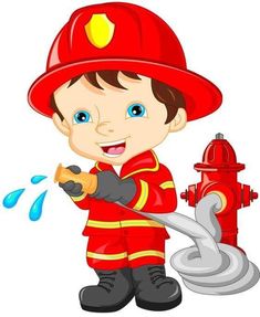 a cartoon fireman holding a hose and spraying water