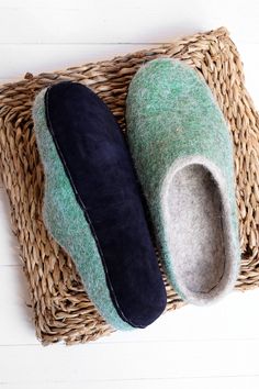 Felt warm women wool slippers green color mixed with natural beige color. Material that we use is high quality sheep's wool. Felt house slippers are felted using soap and warm water. No chemicals added. Soft slippers are warm comfy and cozy. Wool protects your feet from overheating so no sweat guaranteed. Give your feet some nice moments to relax with these hygge wool slippers. Slippers color is blush green mixed with natural no colored beige color. Sole: Suede leather (navy blue color). SOLE: T Green Cushioned Slippers With Round Toe, Green Round Toe Slippers With Cushioned Footbed, Green Cushioned Round Toe Slippers, Comfortable Green Indoor Slippers, Comfortable Green Round Toe Clogs, Green Comfortable Slippers With Round Toe, Green Slip-on Slippers With Soft Sole, Winter Felt Slippers With Soft Sole, Winter Felt Slippers With Round Toe