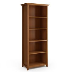 a wooden bookcase with three shelves on the bottom and one shelf below it, against a white background