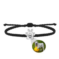 a white dog is holding a yellow ball on a black cord bracelet with an image of it's owner