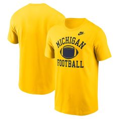 Showcase your Michigan Wolverines pride with this Nike Legacy Football Icon T-Shirt. Made from 100% cotton, this tee provides a classic comfortable feel perfect for everyday wear. The screen-printed Michigan Wolverines graphic on the front makes it clear you're a loyal and passionate fan. Nike Graphic Tee For Fans, Nike Crew Neck T-shirt For College, Nike Graphic Tee With Team Name, Nike T-shirt With Screen Print For Sports Events, Nike Cotton T-shirt With Team Spirit Style, Nike Fan Apparel T-shirt With Screen Print, Nike Sports Fan T-shirt For Fan Merchandise, Nike Graphic Tee With Team Logo, Yellow Pre-shrunk T-shirt For School Spirit