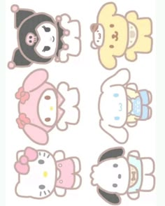 hello kitty stickers are arranged on a white background with black and pink characters in the middle