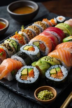 sushi platter with several different types of sushi