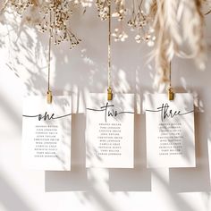 three place cards with the names of each event hanging from a branch in front of a white wall