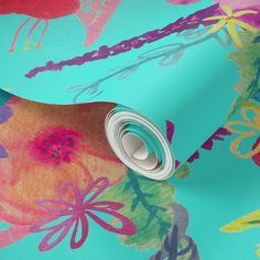 an artistic wallpaper with flowers and leaves on blue background, including the center part of a roll of tape