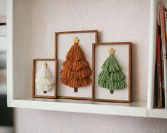 three framed pictures with tassels are on a shelf next to bookshelves