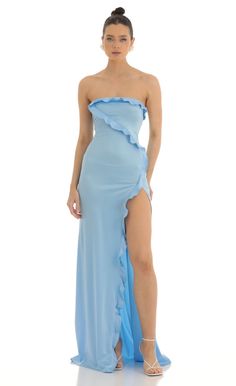 Strapless Satin Maxi Dress in Blue | LUCY IN THE SKY Strapless Prom Dress, Lucy In The Sky, Blue Dress Formal, Red Bridesmaid Dresses, Winter Formal, Grad Dresses, Satin Maxi, Strapless Maxi Dress