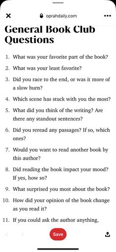 the general book club questions page on an iphone screen, with text below it that reads general book club questions