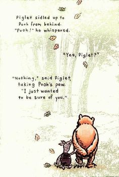 winnie the pooh and piglet looking at each other in front of a tree