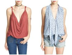 two women's tops, one in red and the other in blue with polka dots