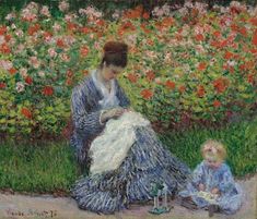 a painting of a woman and child in a garden