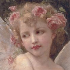 a painting of an angel with pink roses on her head and wings over her shoulder