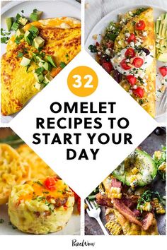 four different images with the words 32 omelet recipes to start your day