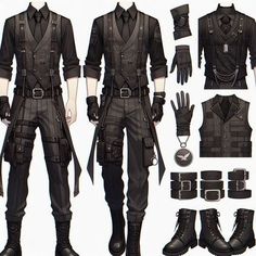 Black And White Fantasy Outfit Male, Assassin Outfits Male, Male Tactical Outfit, Modern Fantasy Outfit Male, Male Combat Outfit, Character Design Male Outfit, Fantasy Fancy Clothes Male, Character Art Clothes, Male Designer Fashion