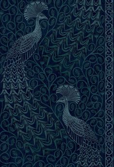 a peacock is standing in the middle of a blue and green background with swirls