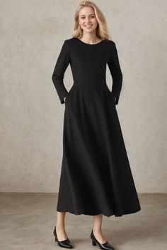 ★★ FEATURES * 30% wool, other fiber, nylon * Polyester lining * Two side pockets * Back zipper closure * Long sleeves * Fitted waist dress * Black wool dress * Winter wool dress * Perfect for Winter, autumn * Dry clean ★★ The model is 170 cm (5′ 7″) tall with a 80 cm (31.5") bust, 66 cm (26") waist. She is wearing the wool dress in size XS. ★★ Bespoke Order Service If you Request other color Request the length Request a sleeve Your height is not between 155 cm- 172 cm Your weight is over 75 kg I can do it for you, It will need some extra fee depending on on your need. Contact with me for more detail. ★★ Get your size in Size Chart with your body measurement https://www.etsy.com/listing/794055682 ★★ Warmly Note: 1 ) : Please confirm your shipping address! If you wish to ship the item to a d Black Wool Dress For Formal Occasions, Formal Long Sleeve Wool Dress, Formal Wool A-line Dress, Wool Long Sleeve Dresses For Work, Fitted Wool Dress With Long Sleeves, Fitted Wool Long Sleeve Dress, Black Wool Evening Dress, Black Wool Dress For Evening, Wool Evening Dress For Fall