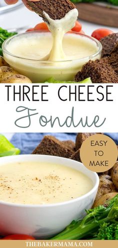 three cheese fondue is being drizzled into a bowl with broccoli