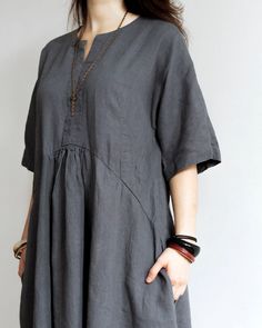 Solid Linen Short Sleeve Dress For Daywear, Solid Linen Dress With Short Sleeves For Daywear, Short Sleeve Linen Dress For Daywear, Short Sleeve Lagenlook Dresses For Fall, Gray Linen Short Sleeve Dress, Gray Short Sleeve Linen Dress, Dress In Autumn, Interesting Clothing, Warm Tights