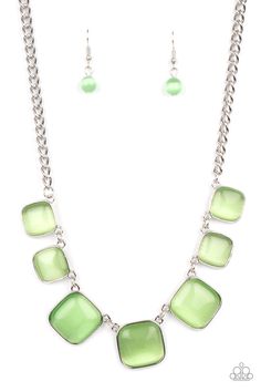 Encased in square silver fittings, a dewy collection of green cat's eye stones gradually increase in size as they link below the collar for a whimsical pop of color. Features an adjustable clasp closure.

 Sold as one individual necklace. Includes one pair of matching earrings. Cat Eye Necklace, Paparazzi Accessories Jewelry, Happy Jewelry, Cats Eye Stone, Green Gems, Paparazzi Accessories, Eye Stone, Paparazzi Jewelry, Green Necklace