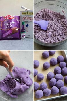 four different pictures showing how to make purple cake balls and what to put in them