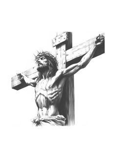 a black and white drawing of jesus on the cross with his hands in front of him