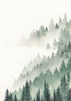 watercolor painting of trees and fog in the mountains