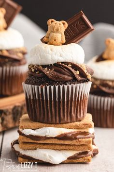 chocolate cupcakes topped with marshmallows and teddy bear icing, sitting on top of each other