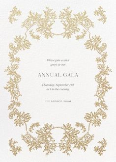 an ornate gold frame is featured in the center of this white and gold wedding card