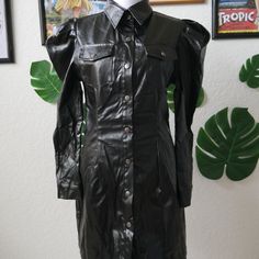 Selling This Brand New Never Worn Black Faux Leather Mini Dress. Features Front Buttons And Puff Long Sleeves. Item Has No Stretch. Black One Piece Dress, Black Lace Up Dress, Dark Green Shirt, Drop Shoulder Coat, Faux Leather Mini Dress, Peekaboo Dress, Long Black Sweater, Buffalo Plaid Dress, Embroidered Mesh Dress