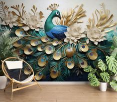 the peacock is standing in front of some potted plants and a wall hanging on it