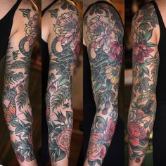 three different views of a woman's arm with flowers and snakes tattooed on it